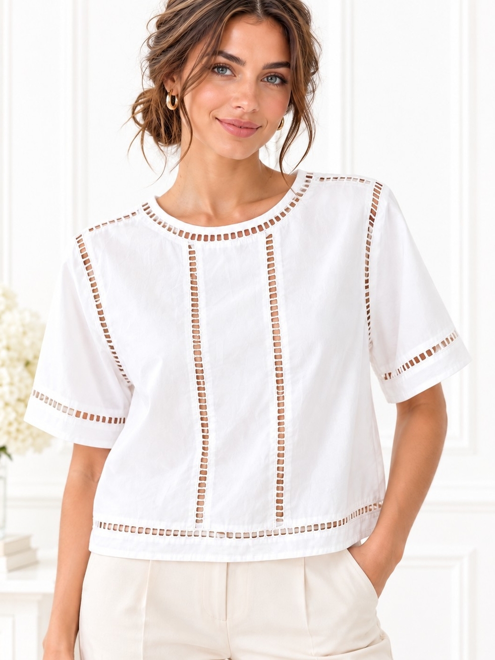 Abercrombie & Fitch White Cotton Cutout Eyelet Blouse | Size Medium